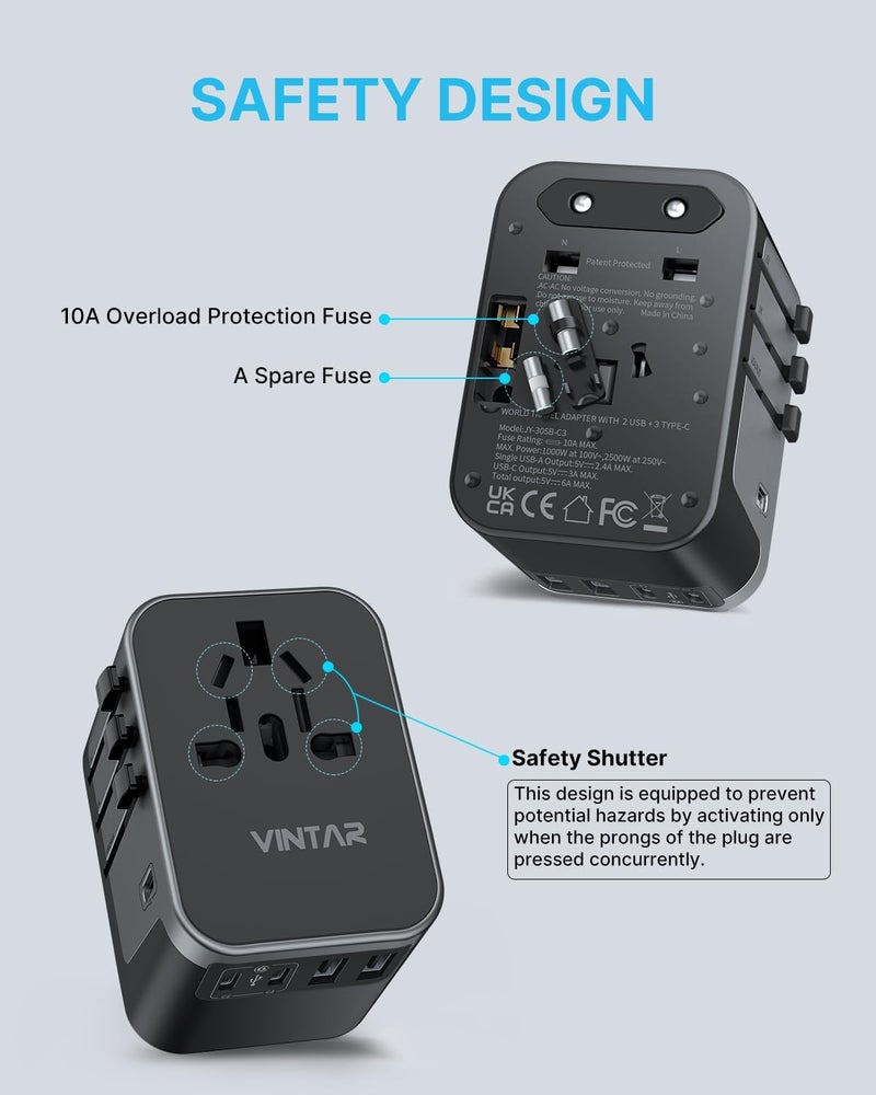 VINTAR محول سفر عالمي، محول طاقة دولي مع 6A 3 USB C و 2 USB، محول أساسي للسفر، محول مقبس عالمي لأوروبا المملكة المتحدة الولايات المتحدة أستراليا (نوع C/G/A/I) - Image 5